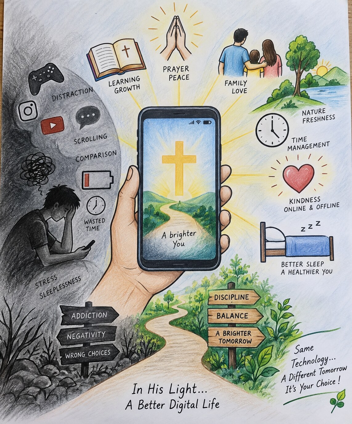Illustration: In His Light — A Better Digital Life, contrasting the shadows of overuse with the brighter path of balance, prayer and family.