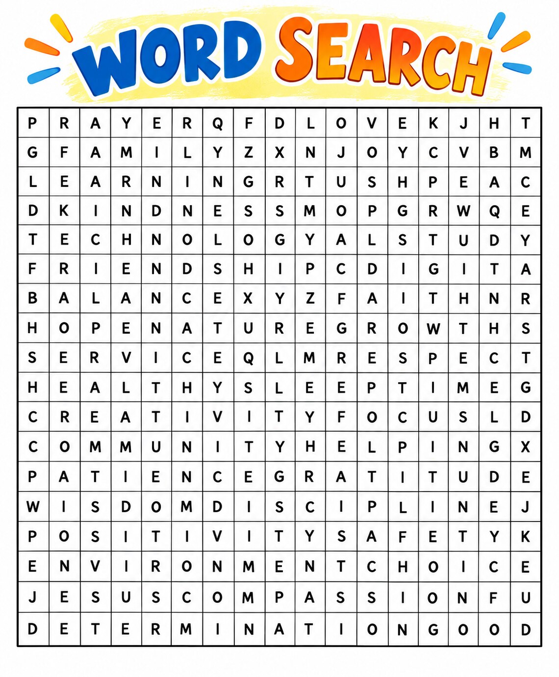 Word search puzzle with digital-wellness and faith words such as prayer, family, balance, wisdom, discipline.